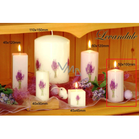 Lima Květina Levandule vonná svíčka světle fialová s obtiskem levandule válec 50 x 100 mm 1 kus