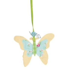 Motýl ze dřeva květinkový dekor modro-zelený 7 cm