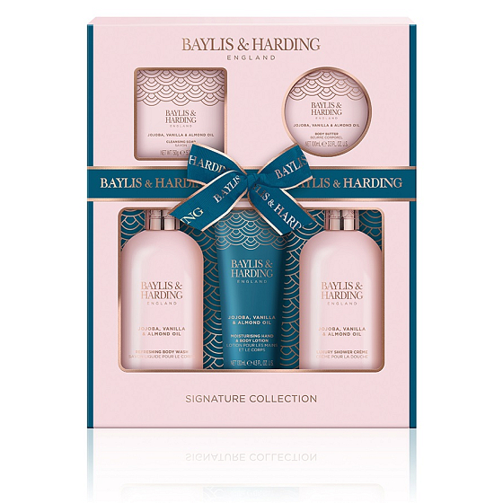 Baylis & Harding Jojoba, vanilka a mandlový olej mycí gel 300 ml + sprchový krém 300 ml + mléko na ruce a tělo 130 ml + toaletní mýdlo 150 g + tělové máslo 100 ml, kosmetická sada pro ženy