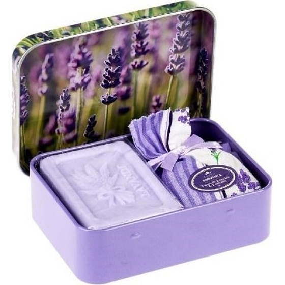 Esprit Provence Levandule toaletní mýdlo 60 g + levandulový vonný pytlík + plechová krabička s obrázkem levandule, kosmetická sada pro ženy
