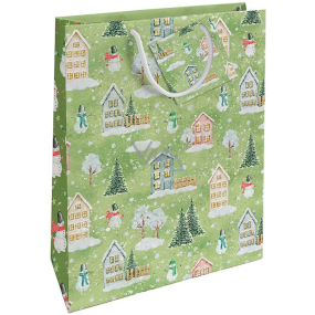 Nekupto Dárková papírová taška 32,5 x 26 x 13 cm Vánoční domečky zelená