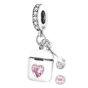 Charm Sterlingové stříbro 925 Airpods sluchátka s růžovým srdcem, 2v1 přívěsek na náramek zájmy