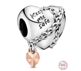 Charm Sterlingové stříbro 925 Srdce s řetízkem Keep me safe, korálek na náramek láska