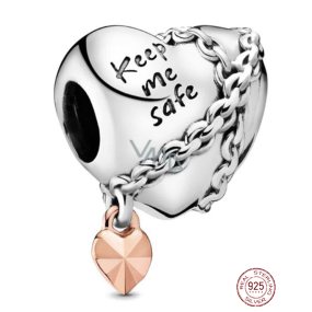 Charm Sterlingové stříbro 925 Srdce s řetízkem Keep me safe, korálek na náramek láska