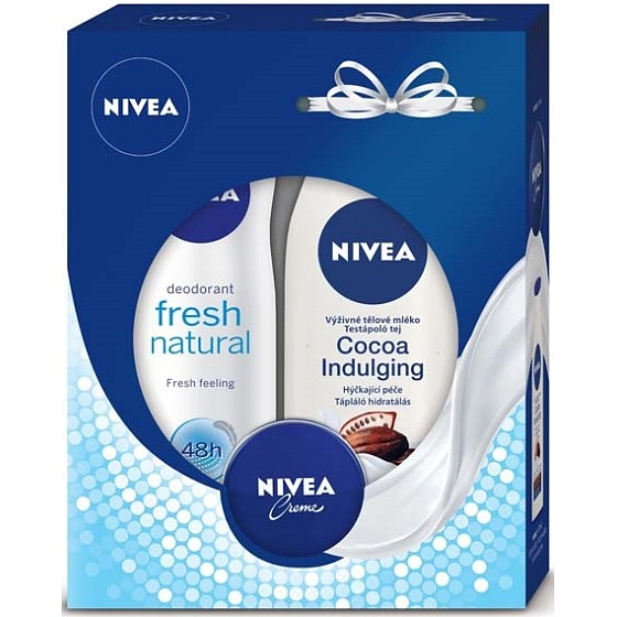 Nivea Cocoa Indulging výživné tělové mléko 250 ml + Fresh Natural antiperspirant sprej 150 ml + krém 30 ml, kosmetická sada