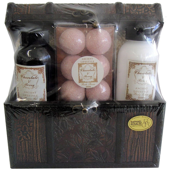 Raphael Rosalee Cosmetics Embassy Deluxe Čokoláda & lesní plody sprchový gel 140 + tělové mléko 140 ml + sůl do koupele 6 x 15 g + houbička + truhla, dárková sada