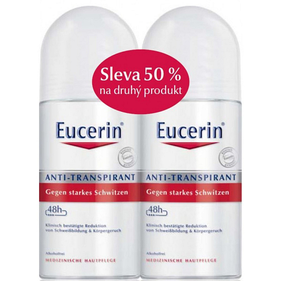 Eucerin 48h kuličkový antiperspirant deodorant roll-on bez alkoholu pro citlivou pleť 2 x 50 ml, duopack