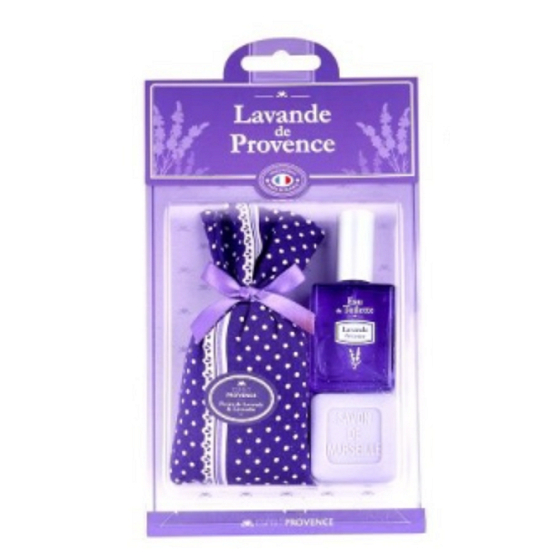 Esprit Provence Levandule pytlík s levandulí puntíky + toaletní mýdlo 25 g + toaletní voda miniatura 5 ml, dárková sada