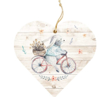 Bohemia Gifts Dřevěné dekorační srdce s potiskem Zajíc na kole 12 cm