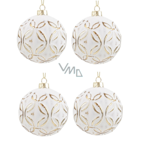 Baňky skleněné bílé se zlatými ornamenty 8 cm 4 kusy