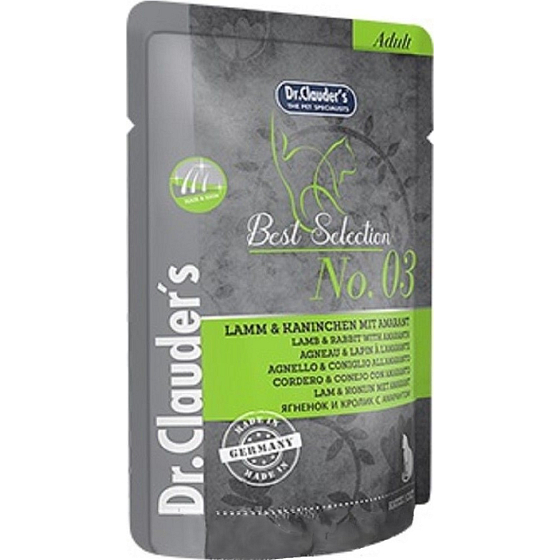 Dr. Clauders Best Selection No. 3 Jehněčí maso s králíkem a amarantem kompletní krmivo s kousky masa pro kočky kapsička 85 g