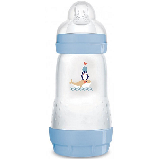 Mam Anti-Colic antikoliková láhev na krmení, silikonová jemná savička se středním průtokem 2+ měsíců Modrá 260 ml