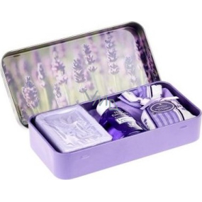 Esprit Provence Levandule toaletní mýdlo 60 g + vonný pytlík + esenciální olej 12 ml + plechová krabička s obrázkem květů levandule, kosmetická sada pro ženy