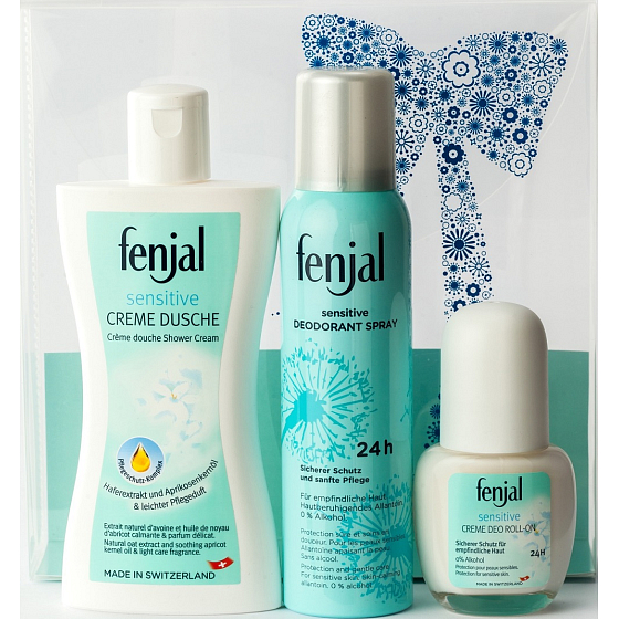 Fenjal Sensitive sprchový krém 200 ml + deodorant sprej pro ženy 150 ml + kuličkový deodorant roll-on pro ženy 50 ml, kosmetická sada