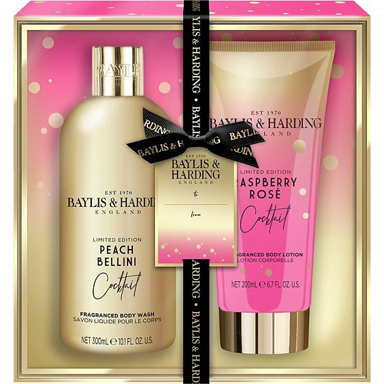 Baylis & Harding Koktejlová hodina Broskvové Bellini mycí gel 300 ml + Malinová růže tělové mléko 200 ml, kosmetická sada