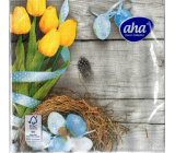 Aha Papírové ubrousky 3 vrstvé 33 x 33 cm 20 kusů Velikonoční šedé, žluté tulipány, modrá vajíčka