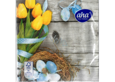 Aha Papírové ubrousky 3 vrstvé 33 x 33 cm 20 kusů Velikonoční šedé, žluté tulipány, modrá vajíčka