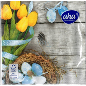 Aha Papírové ubrousky 3 vrstvé 33 x 33 cm 20 kusů Velikonoční šedé, žluté tulipány, modrá vajíčka