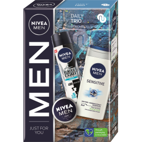 Nivea Men Daily Trio Creme krém 30 ml + Invisible Black & White Fresh antiperspirant deodorant sprej 150 ml + Sensitive 3v1 sprchový gel 250 ml, kosmetická sada pro muže