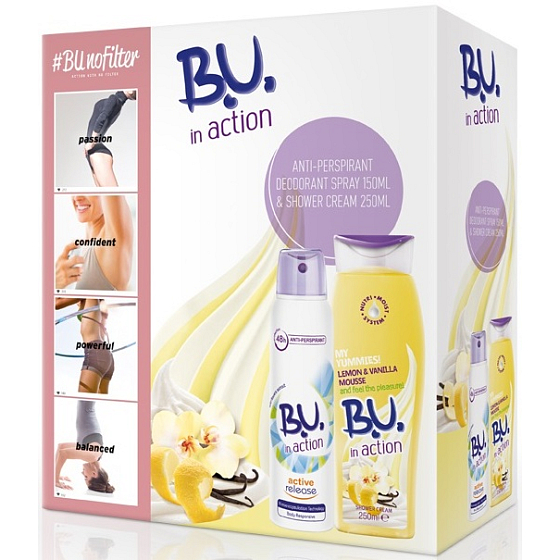 B.U. In Action Active Release antiperspirant deodorant sprej pro ženy 150 ml + In Action Lemon & Vanilla Mousse sprchový gel 250 ml, kosmetická sada