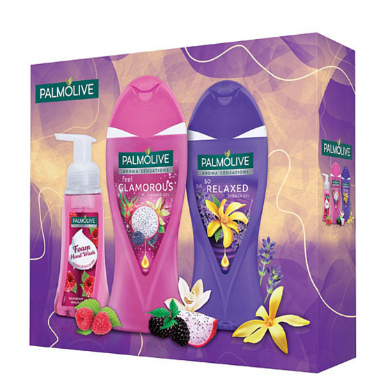 Palmolive Glamorous sprchový gel 250 ml + Relaxed sprchový gel 250 ml + Raspberry pěnové tekuté mýdlo 250 ml, kosmetická sada