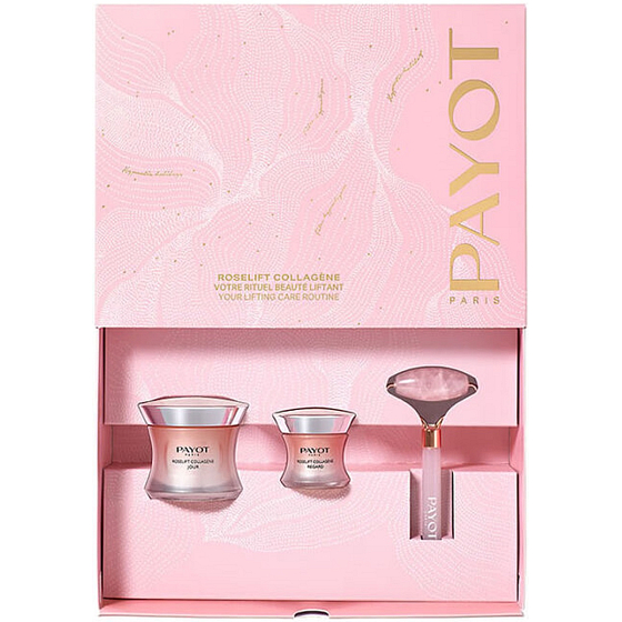 Payot Roselift Collagene Jour denní liftingový krém 50 ml + Roselift Collagene Regard oční krém proti vráskám, váčkům a tmavým kruhům 15 ml + masážní váleček na obličej, kosmetická sada pro ženy