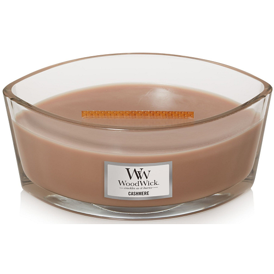WoodWick Cashmere - Kašmír vonná svíčka s dřevěným širokým knotem a víčkem loď 453 g