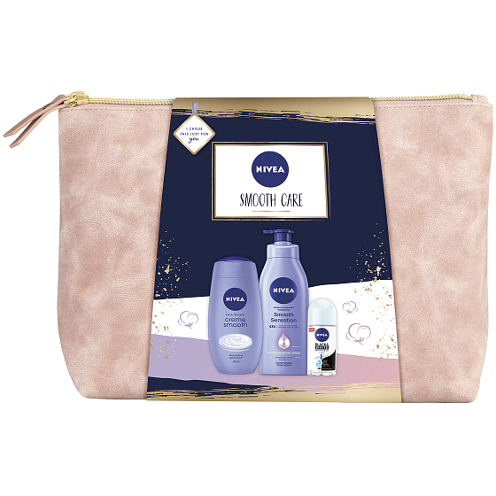 Nivea Smooth Care tělové mléko 400 ml + sprchový gel 250 ml + antiperspirant roll-on 50 ml + etue, kosmetická sada pro ženy