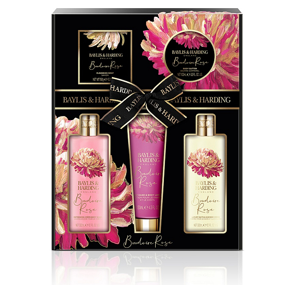Baylis & Harding Tajemná růže mycí gel 300 ml + koupelový a sprchový krém 300 ml + mléko na ruce a tělo 130 ml + toaletní mýdlo 150 g + tělové máslo 100 ml, kosmetická sada pro ženy