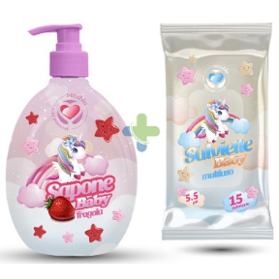 Setablu Fragola Jednorožec tekuté mýdlo pro děti 500 ml + vlhčené ubrousky 15 kusů, kosmetická sada