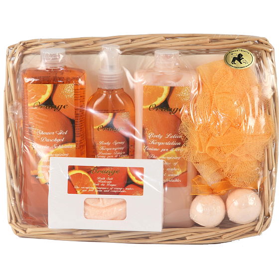 Raphael Rosalee Cosmetics Pomeranč sprchový gel 430 ml + tělové mléko 430 ml + tělový sprej 180 ml + sůl 100 g + aromatické koupele 2 x 30 g + žínka + košík, kosmetická sada