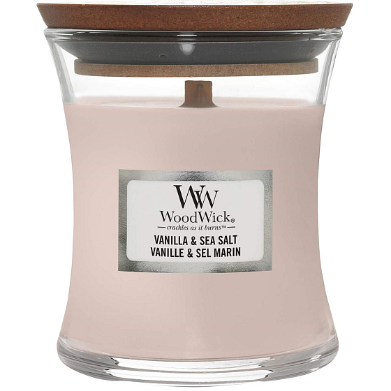 WoodWick Vanilla & Sea Salt - Vanilka a mořská sůl vonná svíčka s dřevěným knotem a víčkem sklo malá 85 g