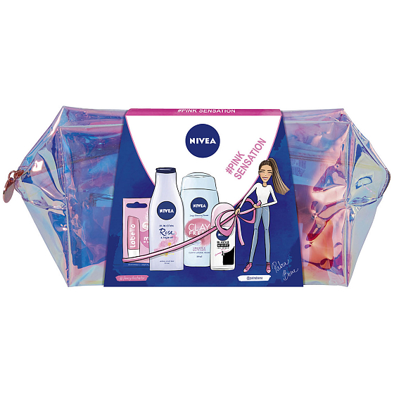 Nivea Pink Sensation Rose & Argan Oil tělové mléko pro ženy 200 ml + Ibišek & Šalvěj sprchový gel 250 ml + Black & White Clear kuličkový antiperspirant 50 ml + Labello Pearly Shine balzám na rty 4,8 g + taška, kosmetická sada