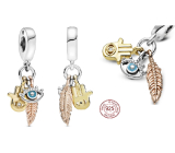 Charm Sterlingové stříbro 925 Ochranný amulet, ruka Fatimy, oko proroka a peříčko, talisman 3v1, přívěsek na náramek symbol