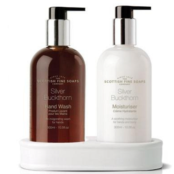 Scottish Fine Soaps Stříbrný Rakytník tekuté mýdlo dávkovač 300 ml + mléko na ruce dávkovač 300 ml, duo set