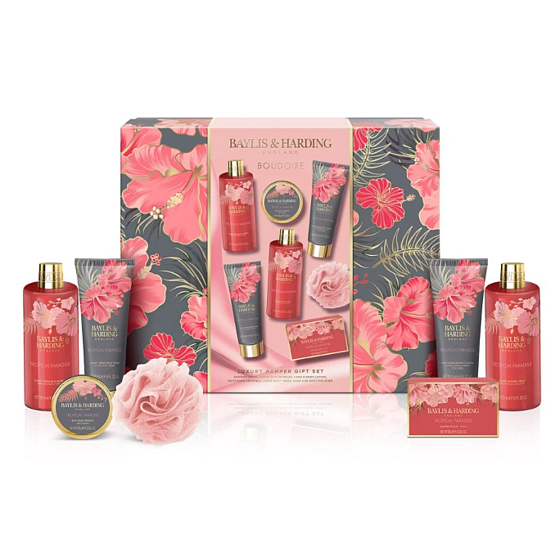Baylis & Harding Tropical Paradise sprchový krém 300 ml + koupelový krém 300 ml + tělové mléko 130 ml + krémové tělové mýdlo 130 ml + tuhé mýdlo 100 g + krystaly do koupele 100 g + tělová houbička, kosmetická sada pro ženy