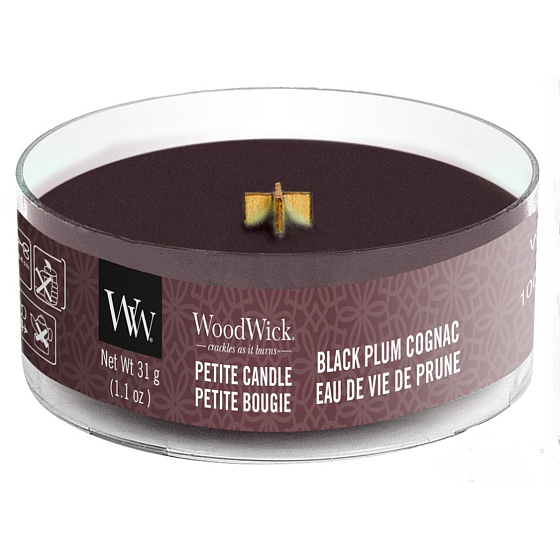 WoodWick Black Plum Cognac - Koňak z černých švestek vonná svíčka s dřevěným knotem petite 31 g