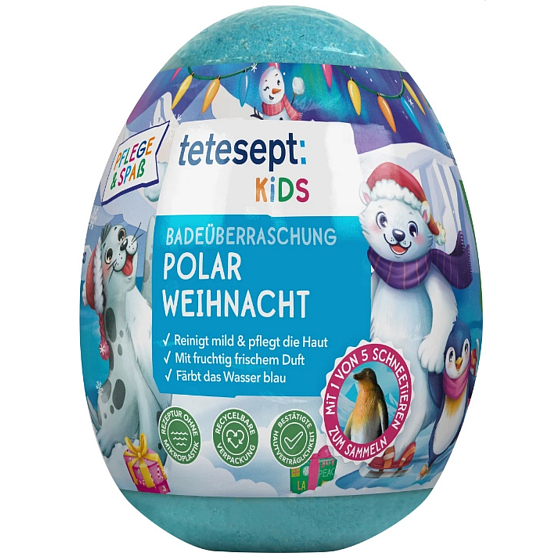 Tetesept Polar Weihnacht šumivá koule modrá - vejce do koupele s figurkou zvířátka ze severního pólu 172 g