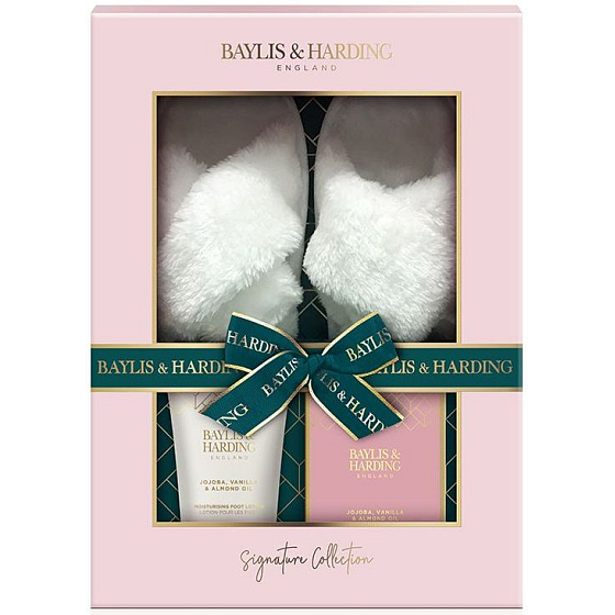 Baylis & Harding Jojoba, Vanilka & Mandlový olej sůl do lázně 100 g + mléko na nohy 140 ml + pantofle, kosmetická sada pro ženy