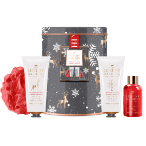 Grace Cole Toasted Praline & Sweet Vanilla mycí gel 100 ml + tělový krém 100 ml + mycí houba + pěna do koupele 50 ml + plechová dóza, kosmetická sada pro ženy
