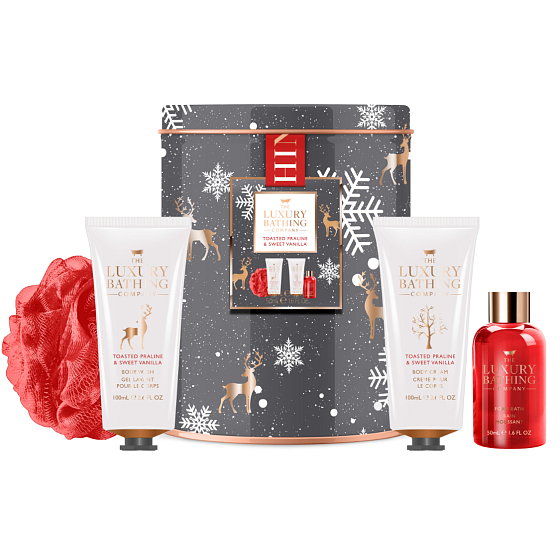 Grace Cole Toasted Praline & Sweet Vanilla mycí gel 100 ml + tělový krém 100 ml + mycí houba + pěna do koupele 50 ml + plechová dóza, kosmetická sada pro ženy
