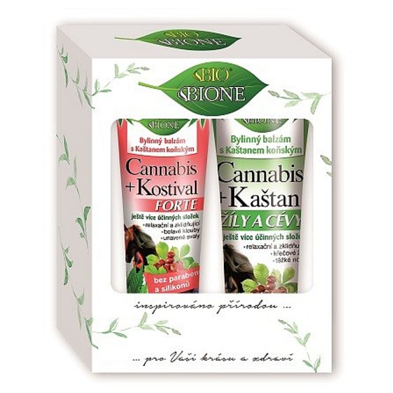 Bione Cosmetics Cannabis Kaštan Žíly a cévy bylinný balzám 200 ml + Cannabis Kostival Forte bylinný balzám 205 ml, kosmetická sada