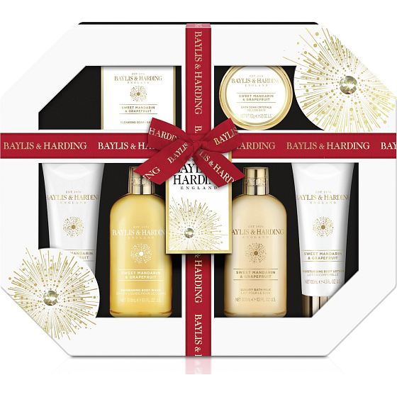 Baylis & Harding Sladká mandarinka a Grapefruit mycí gel 300 ml + mléko do koupele 300 ml + mýdlo 150 g + sprchový krém 130 ml + tělové mléko 130 ml + sůl do koupele 100 g, kosmetická sada