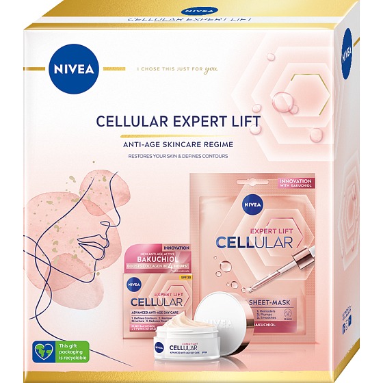 Nivea Cellular Expert Life remodelační denní krém s kyselinou hyaluronovou 50 ml + textilní pleťová maska s kyselinou hylauronovou 1 kus, kosmetická sada pro ženy