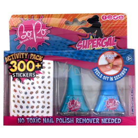 Bo-Po Supergal lak na nehty slupovací modrý 2,5 ml + lak na nehty slupovací tmavě zelený 2,5 ml + nálepky na nehty, kosmetická sada pro děti