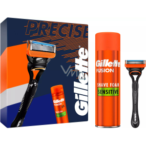 Gillette Fusion Sensitive gel na holení citlivá pleť 200 ml + Fusion pánský holicí strojek 1 kus + náhradní hlavice 1 kus, kosmetická sada pro muže