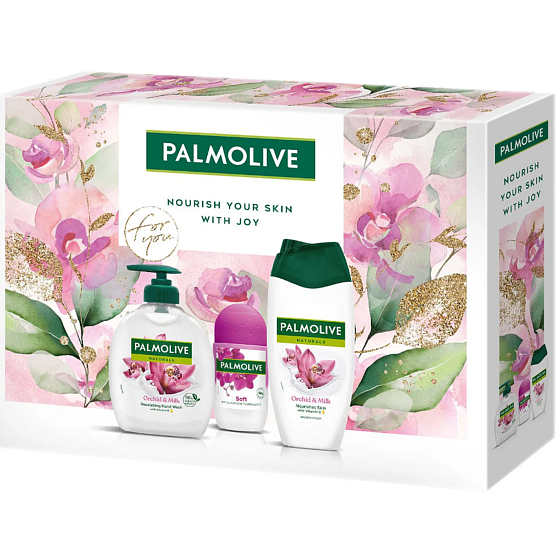 Palmolive Naturals Orchid & Milk sprchový gel 250 ml + Naturals Orchid & Milk tekuté mýdlo 300 ml + Luxurious Soft antiperspirant roll-on 50 ml, kosmetická sada pro ženy