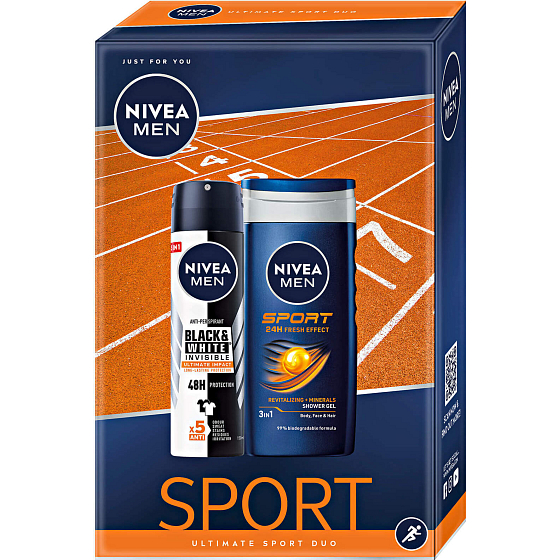 Nivea Men Sport sprchový gel 250 ml + Black & White Ultimate Impact antiperspirant sprej 150 ml, kosmetická sada pro muže