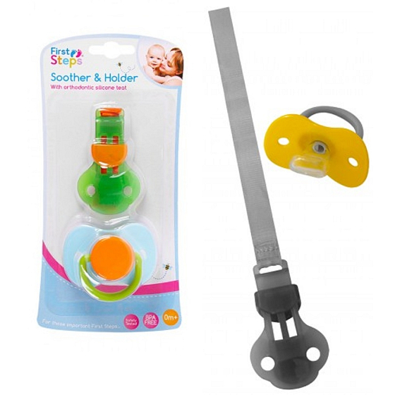 First Steps Bpa Free Šidítko s ortodontickou silikonovou savičkou a upevňovacím páskem zelenooranžové 2 kusy