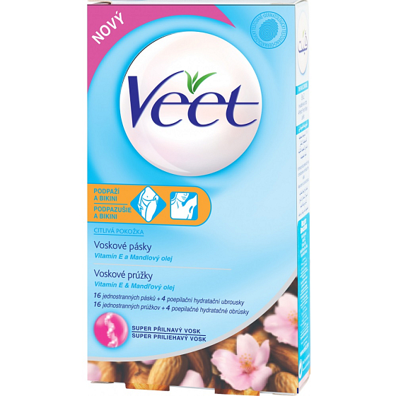 Veet Easy-Gel voskové pásky pro citlivou pokožku - bikiny a podpaží 16 kusů + Perfect Finish ubrousky pro závěrečnou péči 3 kusy